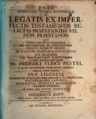 Diss. iur. inaug. de legatis ex imperfectis testamentis relictis praestandis, vel non praestandis