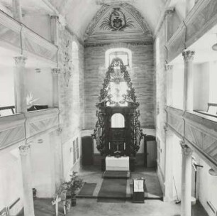 Jena-Burgau. Pfarrkirche (1701/1703, Instandsetzung 1994/1995). Inneres nach Osten von der Empore