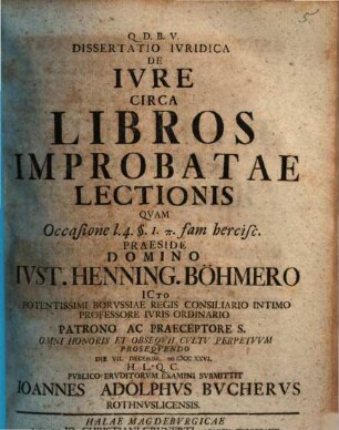 Dissertatio ivridica De ivre circa libros improbatae lectionis