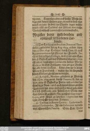 Register derer itztlebenden und ohnlängst verstorbenen Cardinäle.