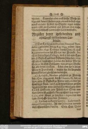 Register derer itztlebenden und ohnlängst verstorbenen Cardinäle.