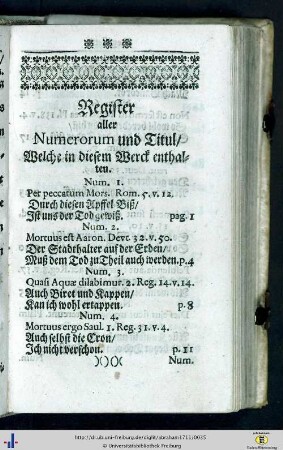 Register aller Numerorum und Tituli, welche in diesem Werck enthalten.