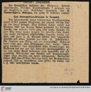 Das Metropolitan-Museum in Newyork, Ztgsausschn. aus: Augsburger Postzeitung 26.2.[1924?] (New York: Metropolitan-Museum: Jahresbericht 1923)