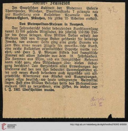 Das Metropolitan-Museum in Newyork, Ztgsausschn. aus: Augsburger Postzeitung 26.2.[1924?] (New York: Metropolitan-Museum: Jahresbericht 1923)