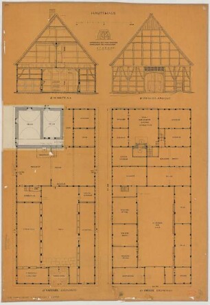 Niedermassen (Kreis Unna): Hof Hueck-Blume. Haupthaus (Grundrisse, Südwestansicht, Querschnitt)