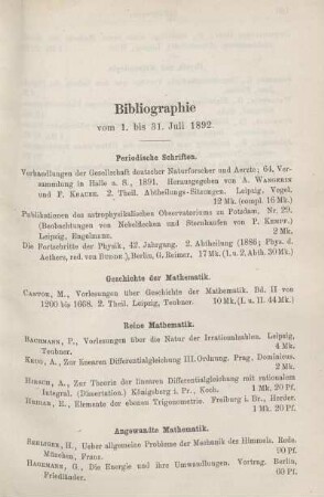 Bibliographie vom 1. bis 31. Juli 1892.