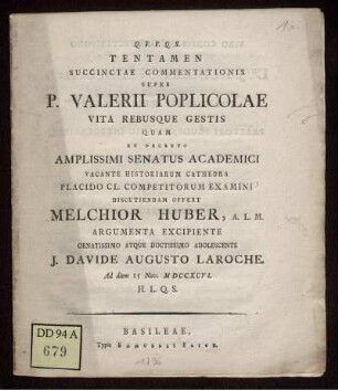 Tentamen Succintae Commentationis Super P. Valerii Poplicolae Vita Rebusque Gestis