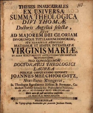 Theses inauguralis ex universa Summa theologica Divi Thomae Doctoris Angelici selectae