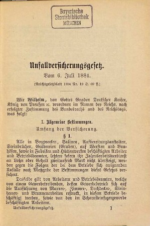Unfallversicherungsgesetz : Für d. Dt. Reich. Vom 6. Juli 1884. Mit alphabet. Sachreg.