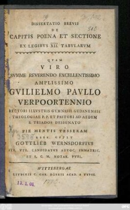 Dissertatio Brevis De Capitis Poena Et Sectione Ex Legibvs XII. Tabvlarvm