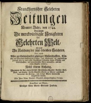 9: Frankfurtischer gelehrten Zeitungen Neuntes Jahr