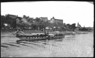 Pirna. Schloss Sonnenstein - Elbe mit Dampfer Bastei