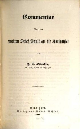 Commentar über den zweiten Brief Pauli and die Korinthier