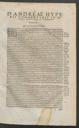 D. Andreae Hyperii Commentarii In D. Pauli Epistolam Ad Hebraeos. Prolegomena.