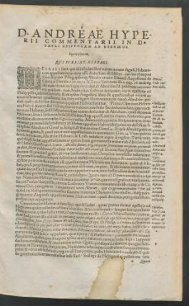 D. Andreae Hyperii Commentarii In D. Pauli Epistolam Ad Hebraeos. Prolegomena.