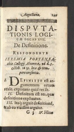 Disputationis Logicae Decas XVII. De Definitione.