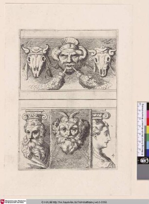 [Masken, Schädel und Köpfe von Karyatiden; Masks, skulls and heads of caryatides]