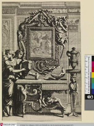 [Ansicht eines zwei-geteilten Spiegelentwurfs mit einer Gruppe Frauen links, die ein Kästchen und ein Gefäß auf den Tisch vor dem Spiegel platzieren, im Spiegel ein Szene mit Narziss; Projet alternatif de tables de miroirs]