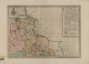 Karte der Niederlausitz, 1:120 000, Kupferstich., 1757 : Geographische Delineation, des zu denen Kur-Sächsischen Landen gehörigen Marggraffthums Nieder-Lausitz : Worinnen enthalten die Fünff Kreisse als I. der Luckauische, II. Gubenische, III. Kalauische, IV. Krumspreeische oder Lübbenische, und V. der Sprembergische Kreiß, nebst denen darinnen befindlichen Herrschafften und Aemtern, als 1. Neüenzella in II. Kreiße, 2. Dobrelugck, I., 3. Friedland, IV., 4. Forst, II., 5. Pförten, II., 6. Sorau und Triebel, II., 7. Leitten, IV., 8. Sonnewalda, I., 9. Drehna, I., 10. Straupitz, IV., 11. Lieberosa, IV., 12. Lübbenau, III., und 13. Amptitz, II. wie auch ihren Städten, Rittergüthern und Dorffschafften Samt den Kur-Brandenburgischen Antheile dieses Marggraffthumbs, auch andern angrentzenden Gegenden ; mit Königl. Pohl. und Kurfürstl. Sachßl. Privilegio / J. v. J. sc. d. [Hrsg.:] Petrus Schenk. - [Ca. 1:120 000]. - Amsterdam : Petrus Schenk , 1757. - 1 Kt. auf 4 Bl. : Kupferst. ; Gesamtgr. 118 x 84 cm, je Bl. 59 x 42 cm