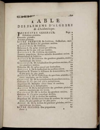 Table des elemens d'algèbre & d'arithmétique.