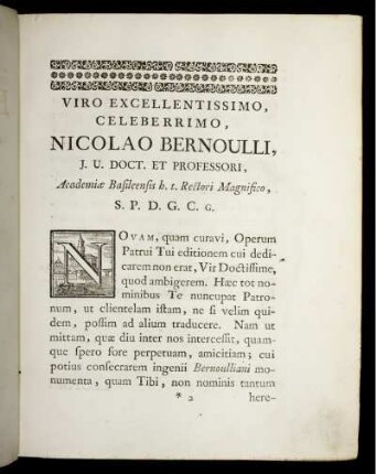 Viro Excellentissimo, Celeberrimo, Nicolao Bernoulli.