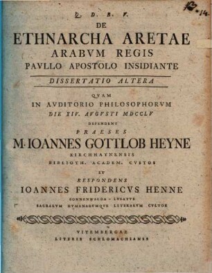 De ethnarcha Aretae, Arabum regis, Paullo Apostolo insidiante dissertatio altera