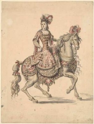Kostümentwurf: Reiterin nach rechts in Rosa und Rot - "Levantine"
