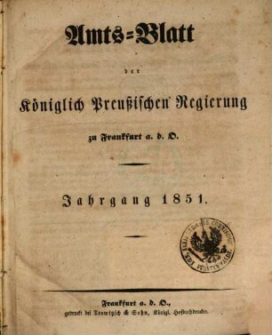 Amtsblatt der Regierung zu Frankfurt a.d. Oder. 1851