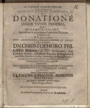 Disputatio Iuridica Inauguralis, De Donatione Inter Vivos Propria