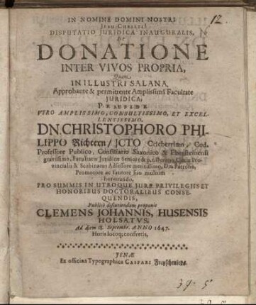 Disputatio Iuridica Inauguralis, De Donatione Inter Vivos Propria