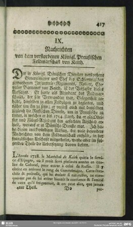 IX. Nachrichten von dem verstorbenen Königl. Preußischen Feldmarschall von Keith