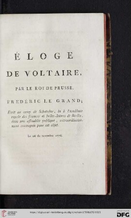 Éloge de Voltaire, par le roi de Prusse, Frédéric le Grand