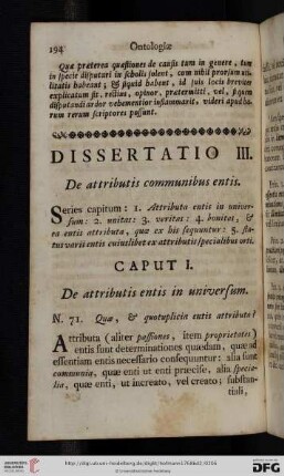 Dissertatio III: De attributis communibus entis