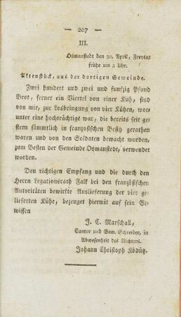 III. Aktenstück, aus der dortigen Gemeinde