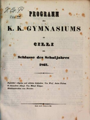 Programm des K.K. Gymnasiums zu Cilli am Schluße des Schuljahres ..., 1867