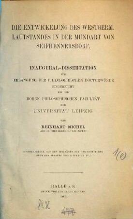 Die Entwickelung des westgerm. Lautstandes in der Mundart von Seifhennersdorf