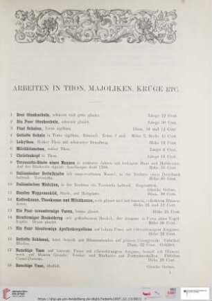 Arbeiten in Thon, Majoliken, Krüge etc. (Nr. 1-75)