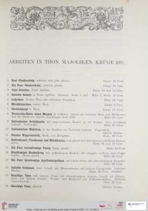 Arbeiten in Thon, Majoliken, Krüge etc. (Nr. 1-75)