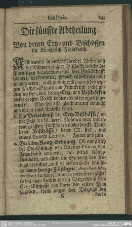 Die fünffte Abtheilung, Von denen Ertz- und Bischöffen im Königreich Franckreich