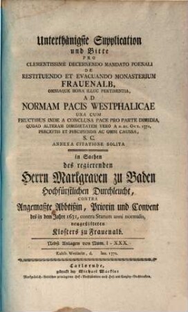 Unterthänigste Supplication in Sachen Badens contra Frauenalb