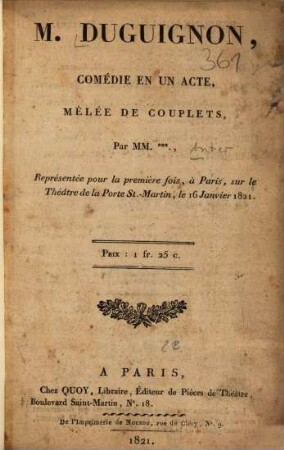 M. Duguignon : Comédie en un acte, mêlée de couplets