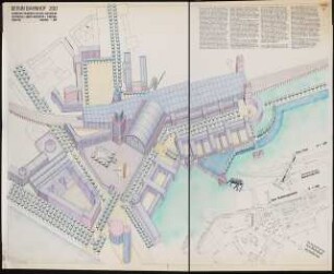 City-Bereich, Berlin Schinkelwettbewerb 1987: Isometrie 1:500 und Grundrisse Gleisebene, Ebene Hardenbergpasarelle 1:1000