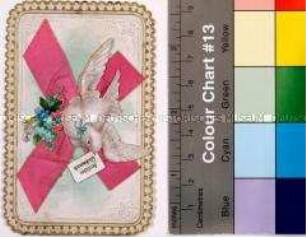 Glückwunschkarte "Herzlichen Glückwunsch" mit rosa Schleife und weißer Brieftaube; um 1900