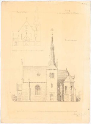 Kirche, Dobrau 1. Projekt: Aufriss Westseite, Südseite; mit je einer Maßstabsleiste
