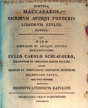 Epistola, Maccabaeos, sacrorum antiqui foederis librorum exules, sistens