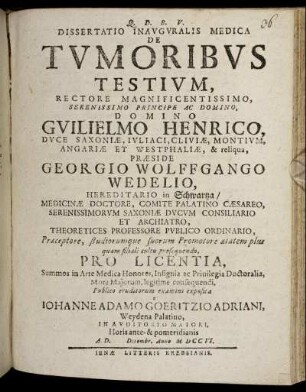 Dissertatio Inauguralis Medica De Tumoribus Testium