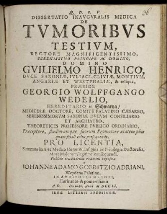Dissertatio Inauguralis Medica De Tumoribus Testium