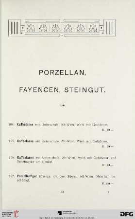 Porzellan, Fayencen, Steingut (Nr. 104-150)