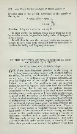 On the condition of steady motion of two cylinders in a fluid.