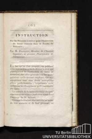 Instruction Sur les Procédés à suivre pou l'Extraction du Sucre contenu dans la Racine de Betterave...